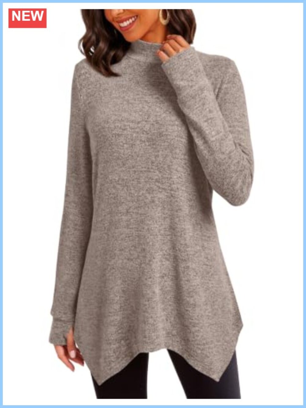 Mock Neck Long Sleeve Tunic Top Thumb Hole Asymmetrical Hem